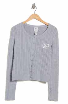 RAIN AND ROSE Bow Embroidered Cable Knit Cardigan