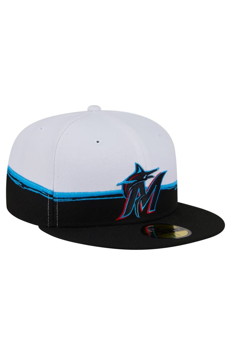 New Era Men's New Era Black/White Miami Marlins Paint Stroke 59FIFTY Fitted Hat, Alternate, color, Black