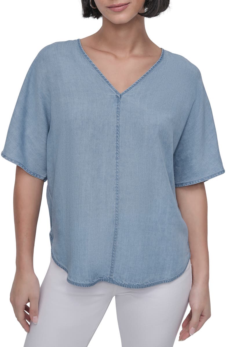 DKNY V-Neck Top, Main, color, Stream Wash