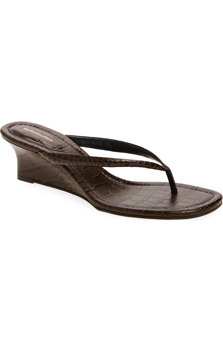 Reformation Amelia Wedge Sandal, Main, color, Brown Croc Effect