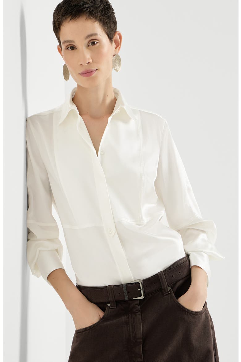 Stretch silk satin shirt with monili, Alternate, color, White