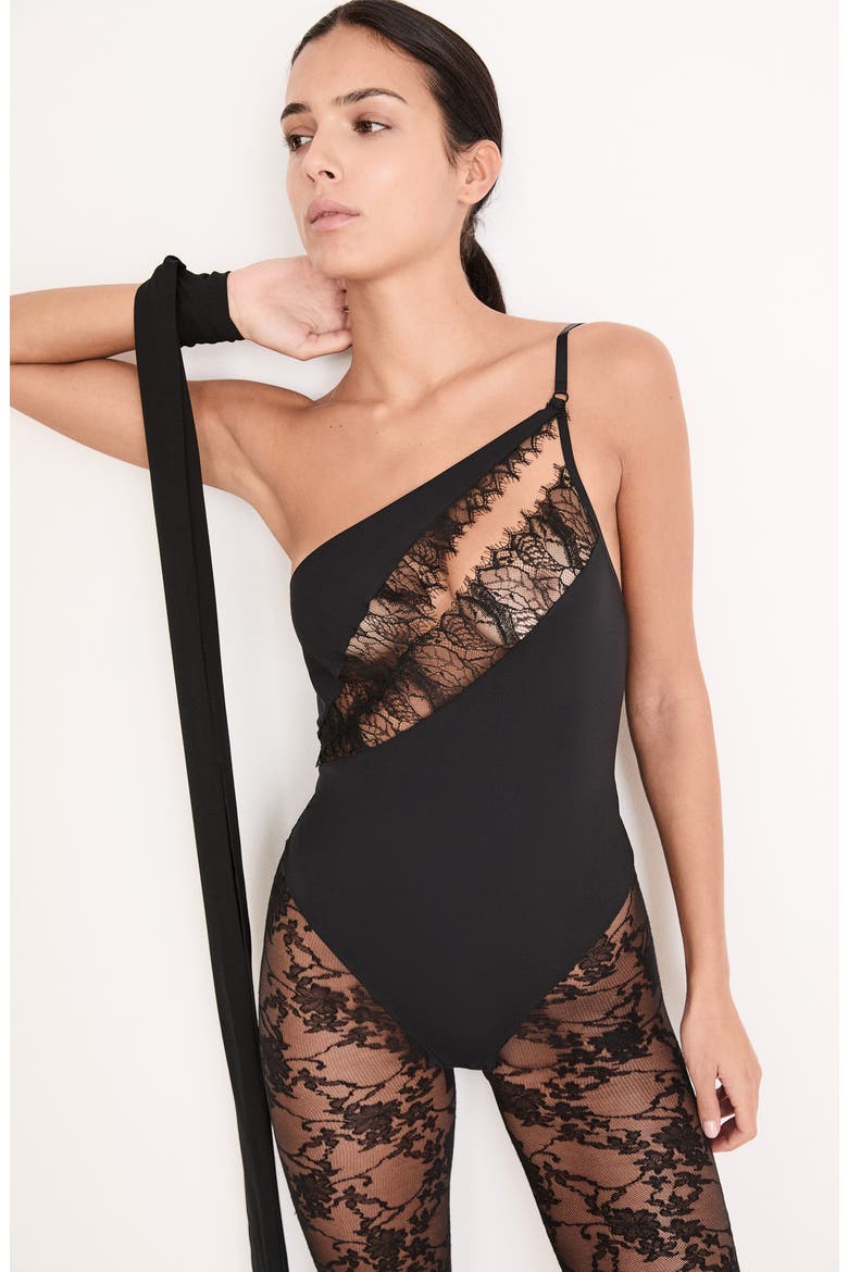 Mysterieuse Lace Inset Bodysuit, Alternate, color, BLACK
