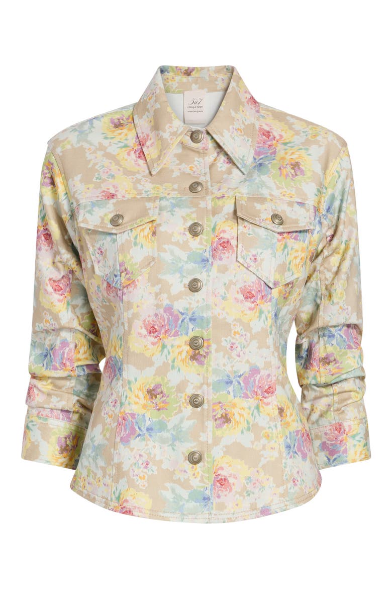 Ikat Bouquet Scrunchie Sleeve Denim Jacket, Alternate, color, KHAKI MULTI