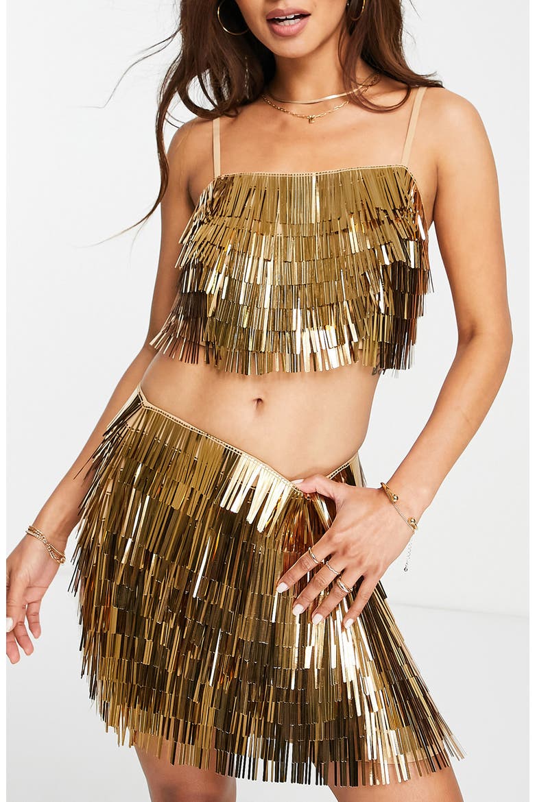 Shard Sequin Fringe Skirt, Alternate, color, GOLD