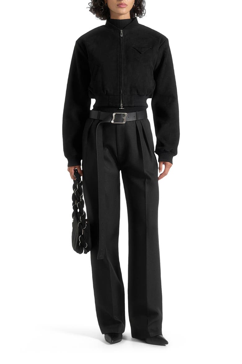 Monique Suede Wide Shoulder Bomber Jacket, Alternate, color, Black
