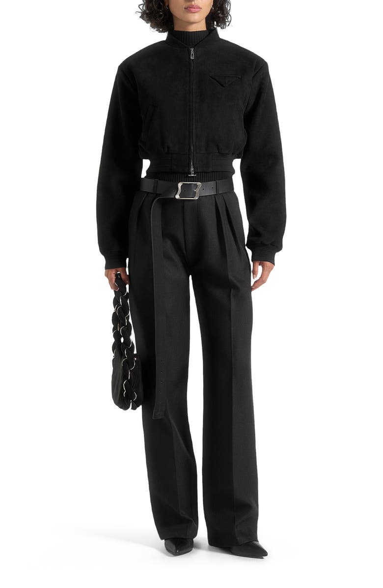 Manière De Voir Monique Suede Wide Shoulder Bomber Jacket, Alternate, color, Black