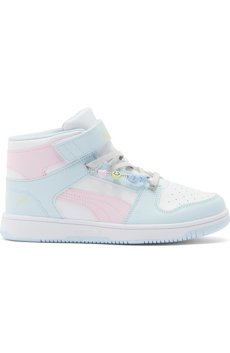 PUMA Kids' Rebound Layup Playful Charm High Top Sneaker, Alternate, color, Puma White/ Pearl Pink/ Apple
