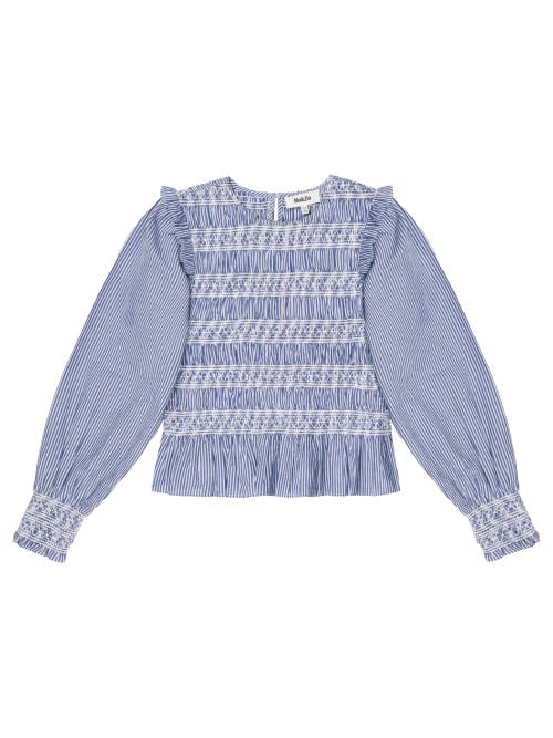 Ro&zo Womens Blue Shirred Long-sleeve Embroidered Cotton Blouse In Blue