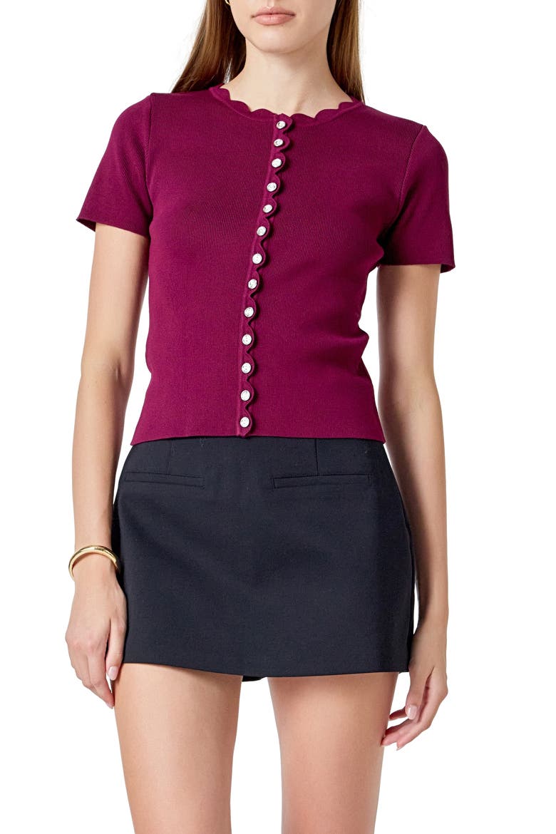 Scallop Accent Button Front Knit Top, Main, color, PLUM