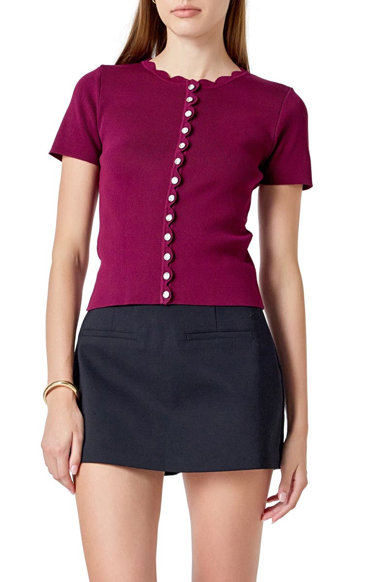 Endless Rose Scallop Accent Button Front Knit Top, Main, color, Plum