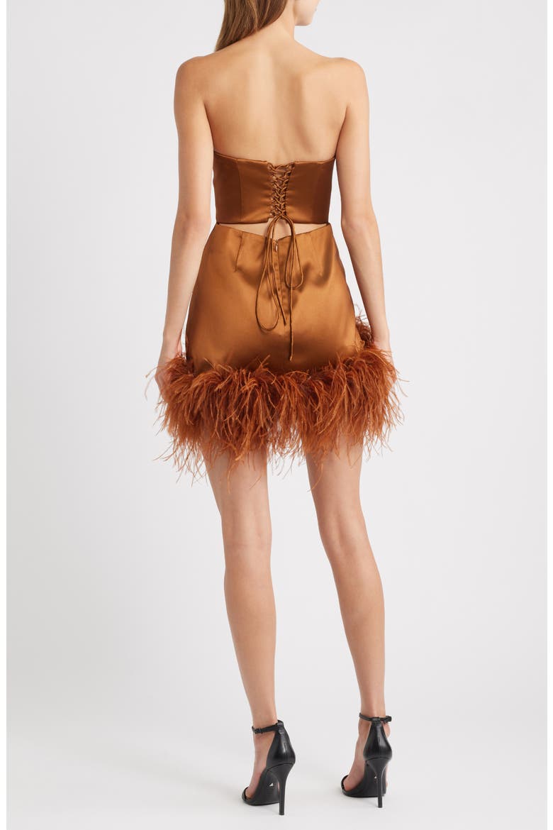 Adrienne Ostrich Feather Hem Strapless Satin Cocktail Minidress, Alternate, color, BRONZE