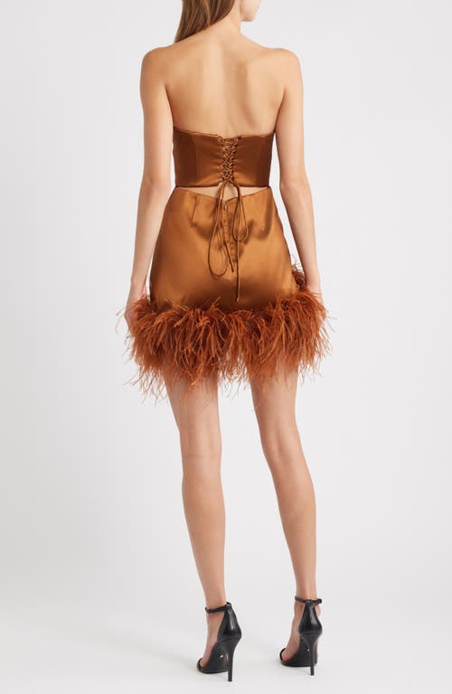 Delfi Collective Adrienne Ostrich Feather Hem Strapless Satin Cocktail Minidress In Brown
