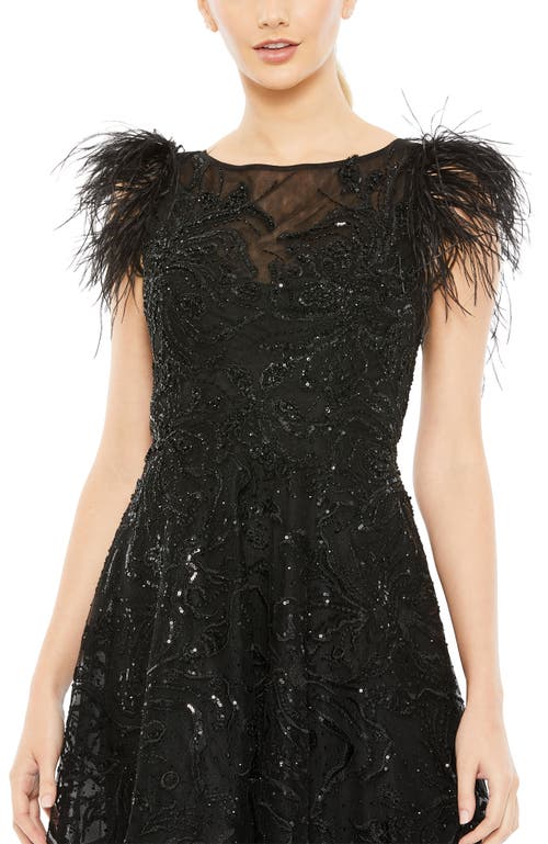 MAC DUGGAL MAC DUGGAL FEATHER SHOULDER CAP SLEEVE EMBELLISHED DRESS