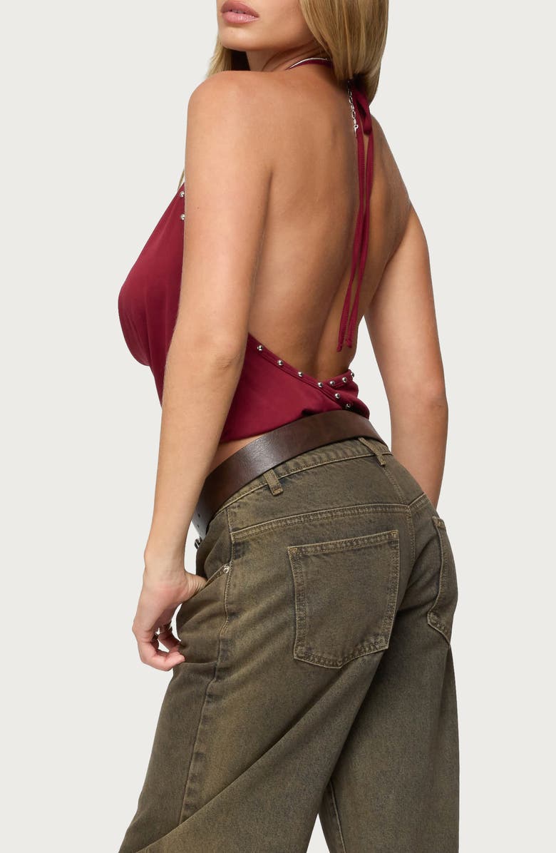 EDIKTED Irina Studded Cowl Neck Halter Top, Alternate, color, Burgundy