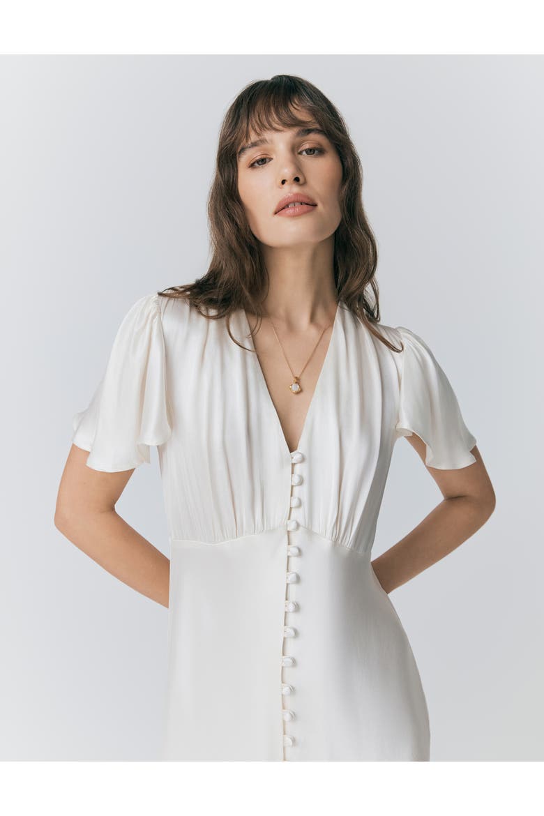 Grace Satin Button V-Neck Dress, Alternate, color, Ivory