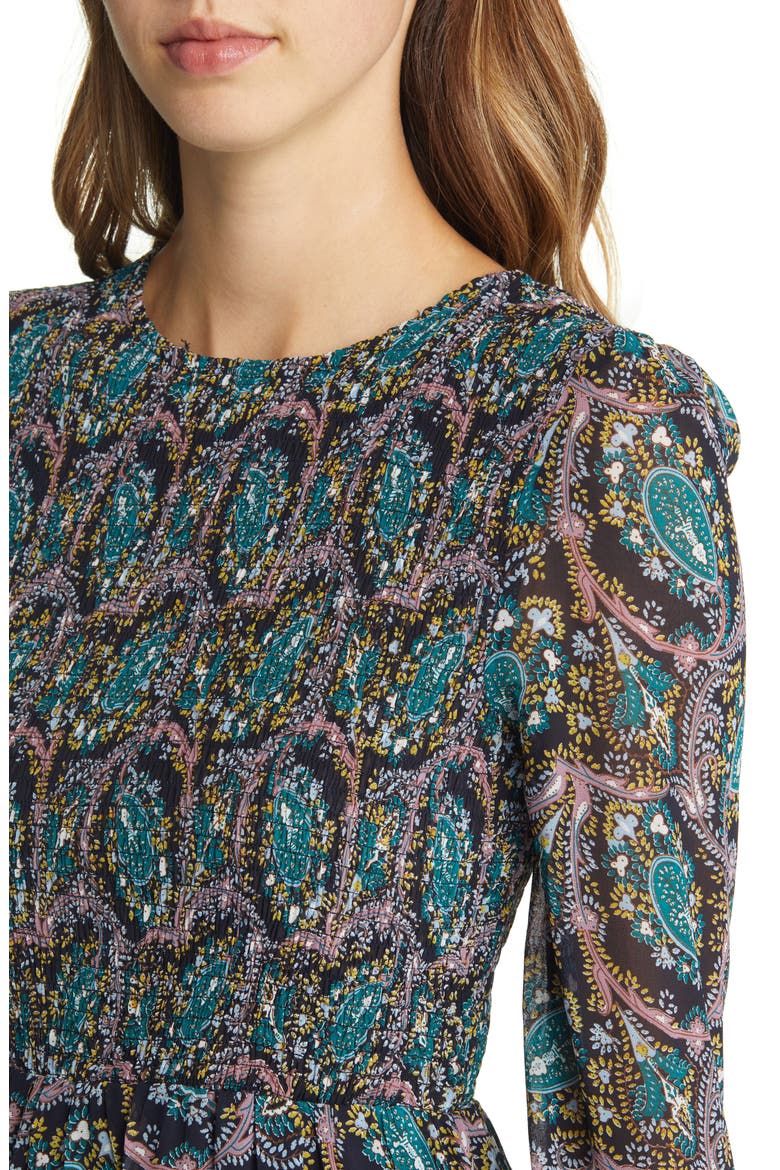 Paisley Smocked Long Sleeve Midi Dress, Alternate, color, BLACK/ TEAL PRINT