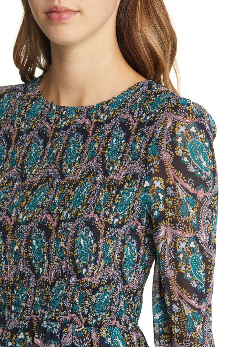 MELLODAY Paisley Smocked Long Sleeve Midi Dress, Alternate, color,