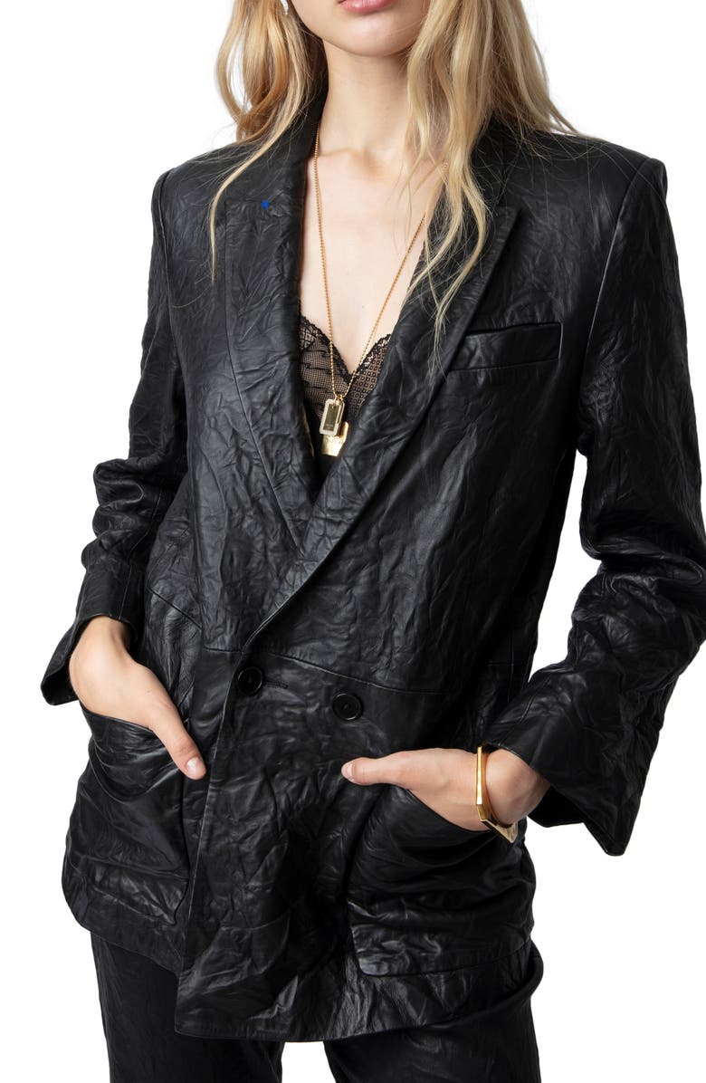 Zadig & Voltaire Visko Crinkled Leather Blazer, Alternate, color, 
