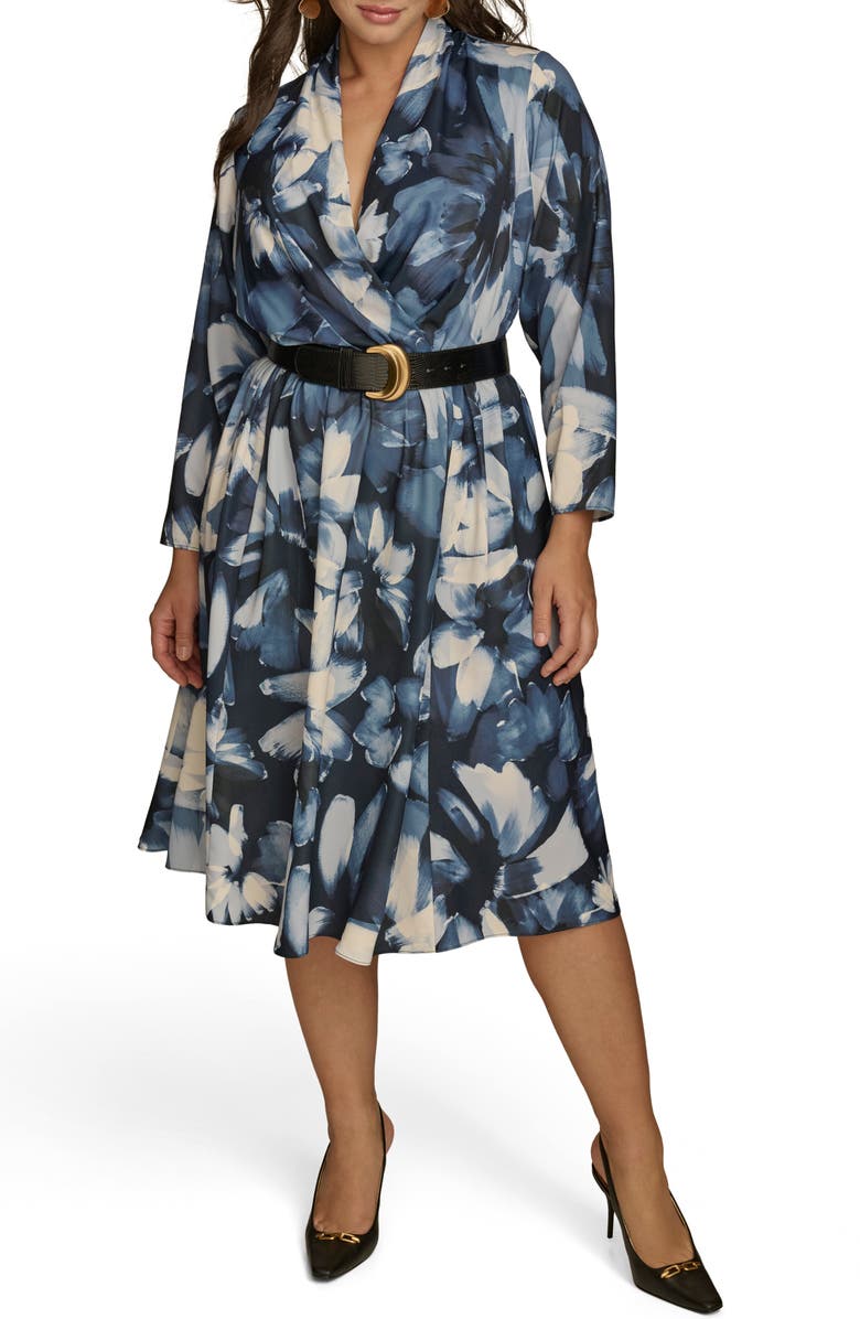 DONNA KARAN Abstract Floral Belted Midi Dress, Main, color, Nightfall Multi