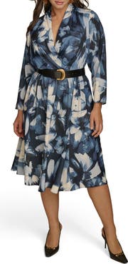 DONNA KARAN Abstract Floral Belted Midi Dress