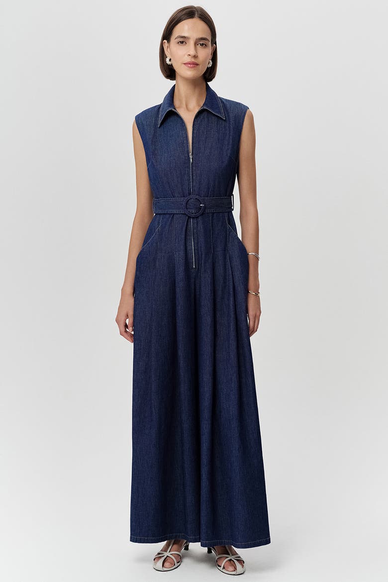 Keith Sleeveless Front Zipper Belted Denim Jumpsuit, Alternate, color, Blue