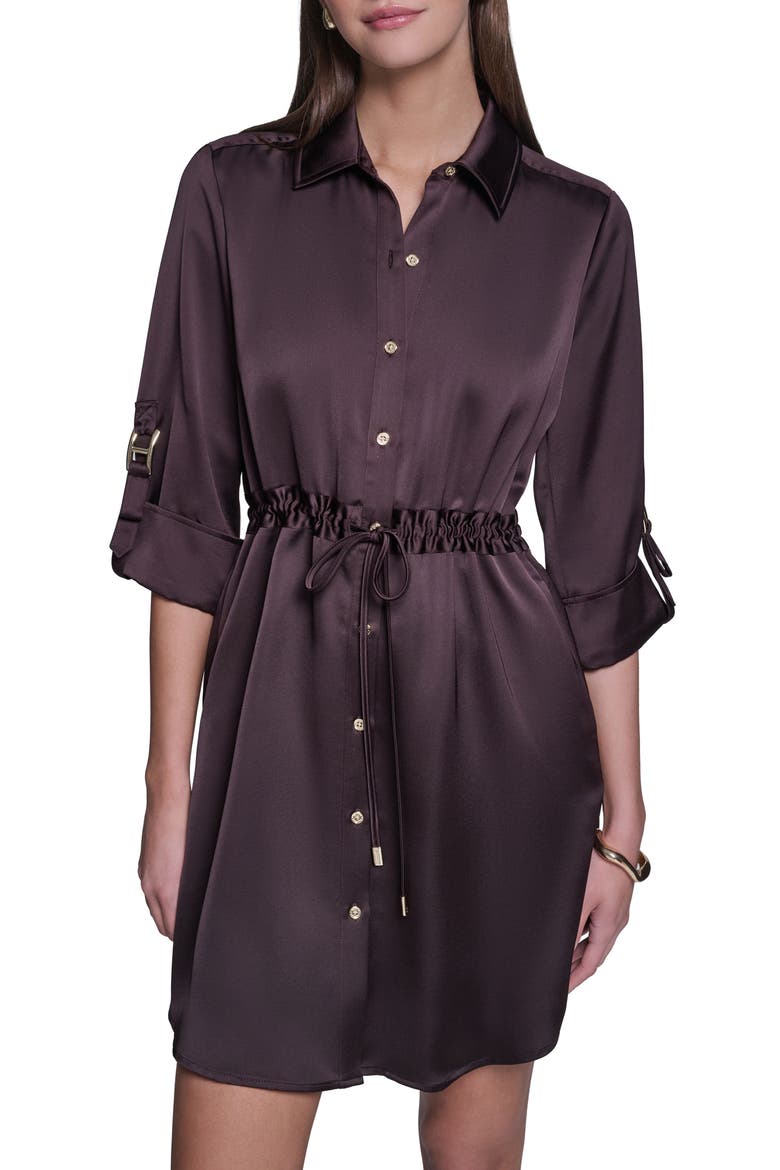 3/4 Sleeve Satin Shirt Dress, Alternate, color, Rich Mocha