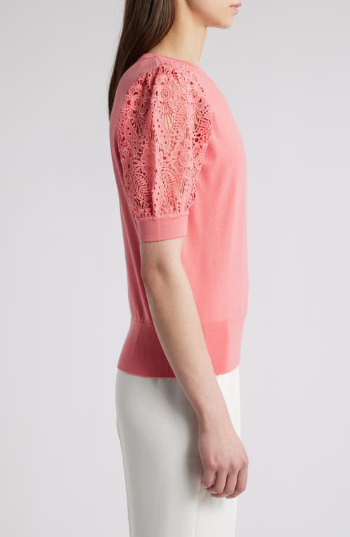 Shop Elie Tahari The Felicity Eyelet Embroidery Sleeve Sweater In Coral Rose