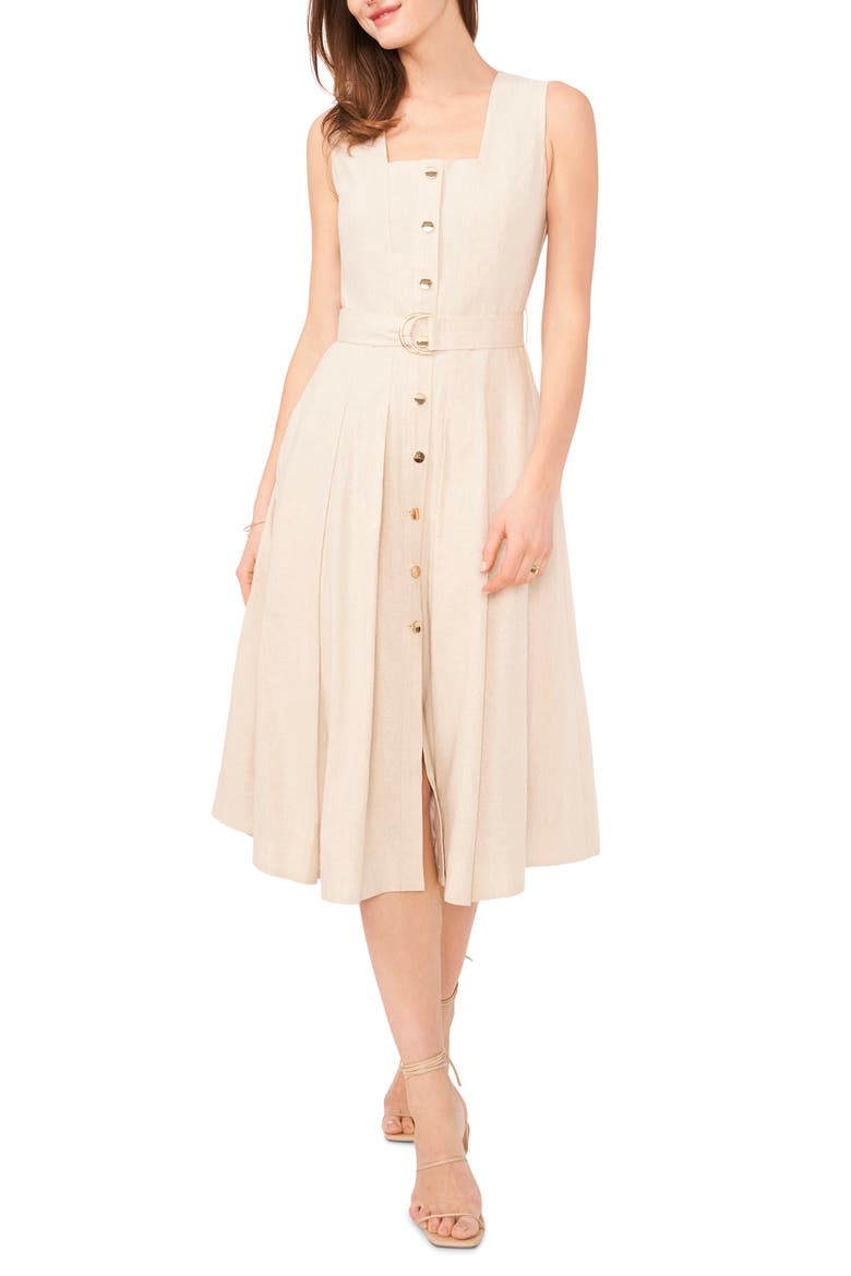 Belted Linen Blend A-Line Sundress, Main, color, PEBBLE BROWN
