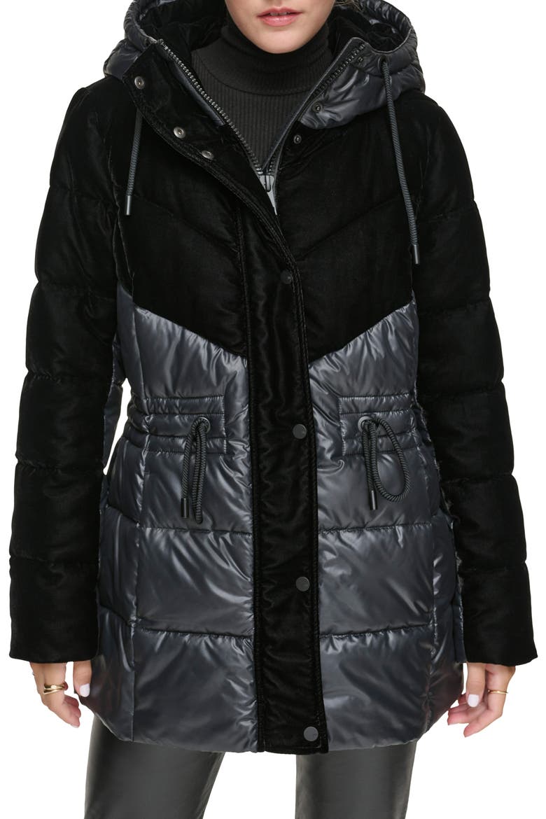 Velvet Panel Hooded Puffer Jacket, Main, color, BLACK