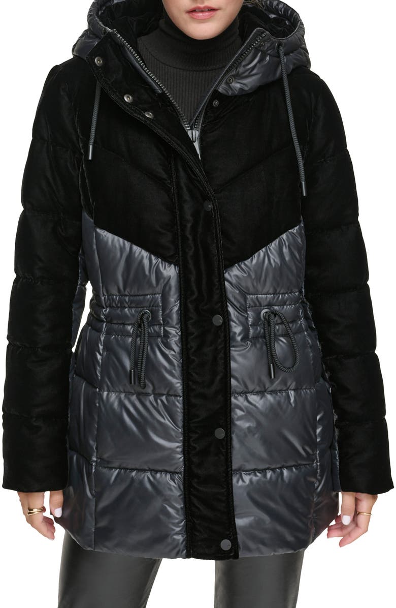 Andrew Marc Velvet Panel Hooded Puffer Jacket, Main, color, Black