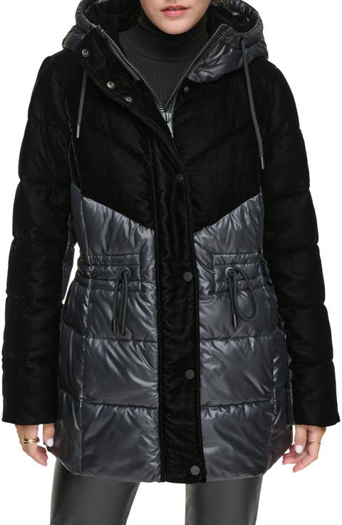 Velvet Panel Hooded Puffer Jacket
