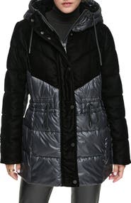 Andrew Marc Velvet Panel Hooded Puffer Jacket