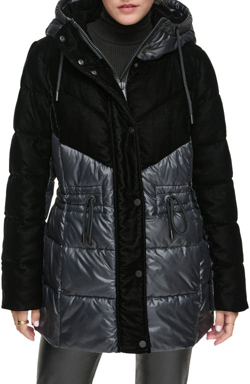Andrew Marc Velvet Panel Hooded Puffer Jacket in Black 
