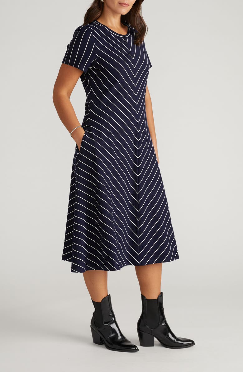 Universal Standard Imani Chevron Stripe Ponte Knit Dress, Alternate, color, Navy Blue Pinstripe