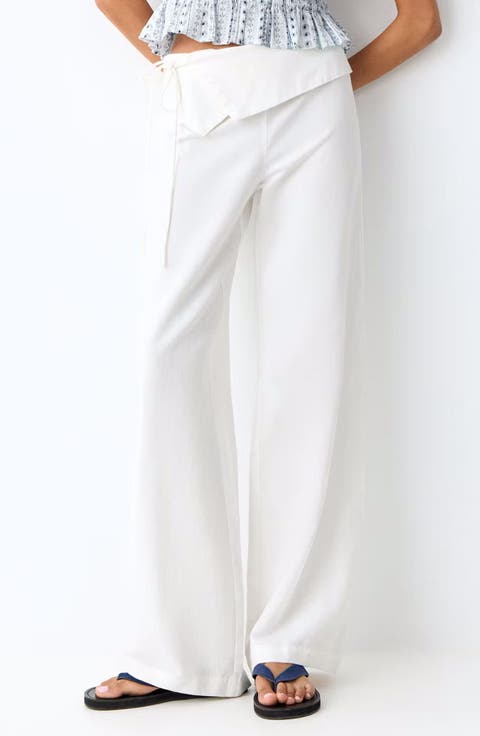 Handkerchief Waist Linen Blend Wide Leg Pants