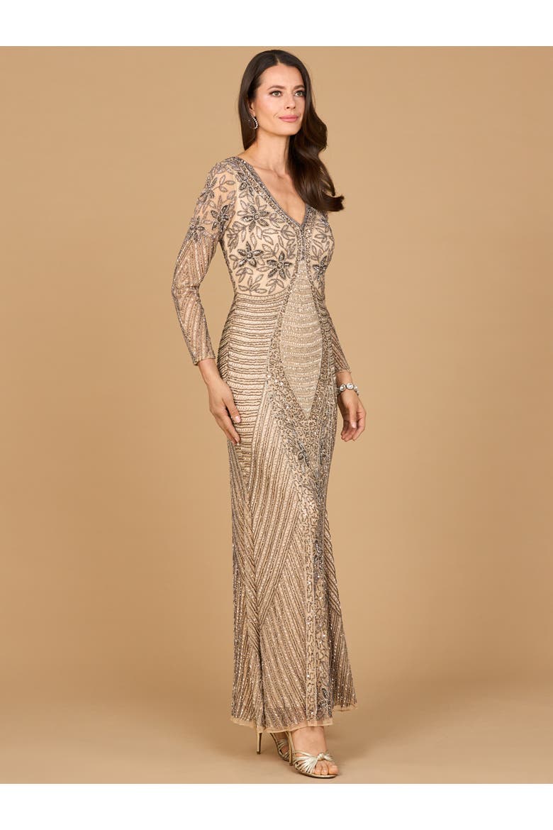 Long Sleeve Beaded Maxi Gown, Alternate, color, Nude