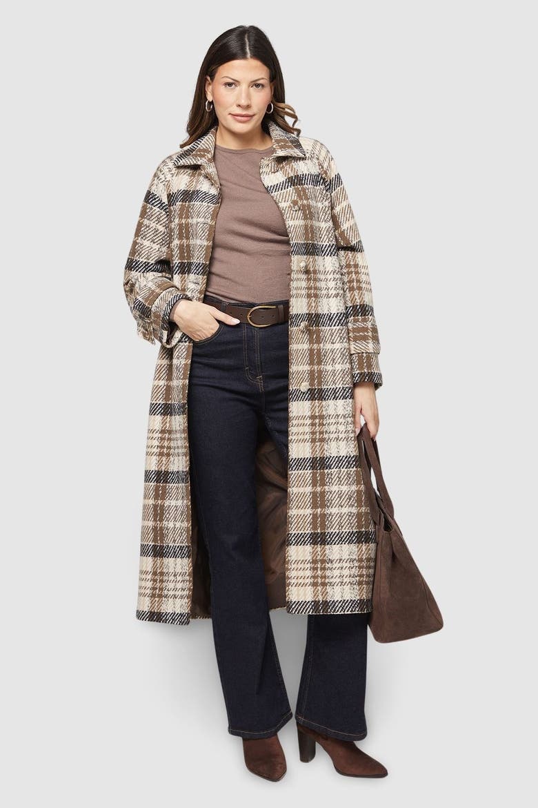 Button Through Check Coat, Alternate, color, Brown