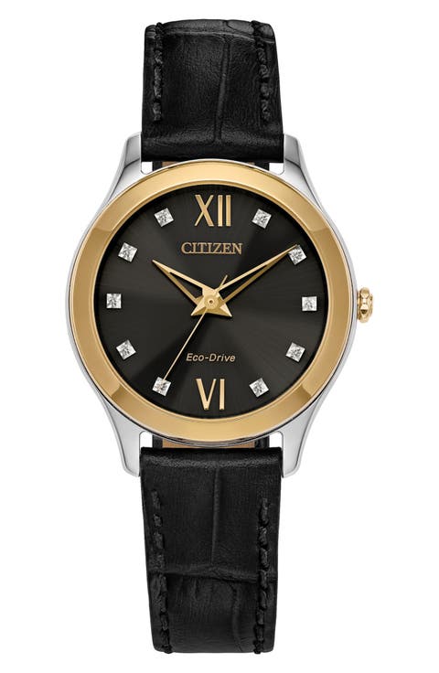 Axiom Eco-Drive Diamond Croc Embossed Leather Strap Watch, 29mm