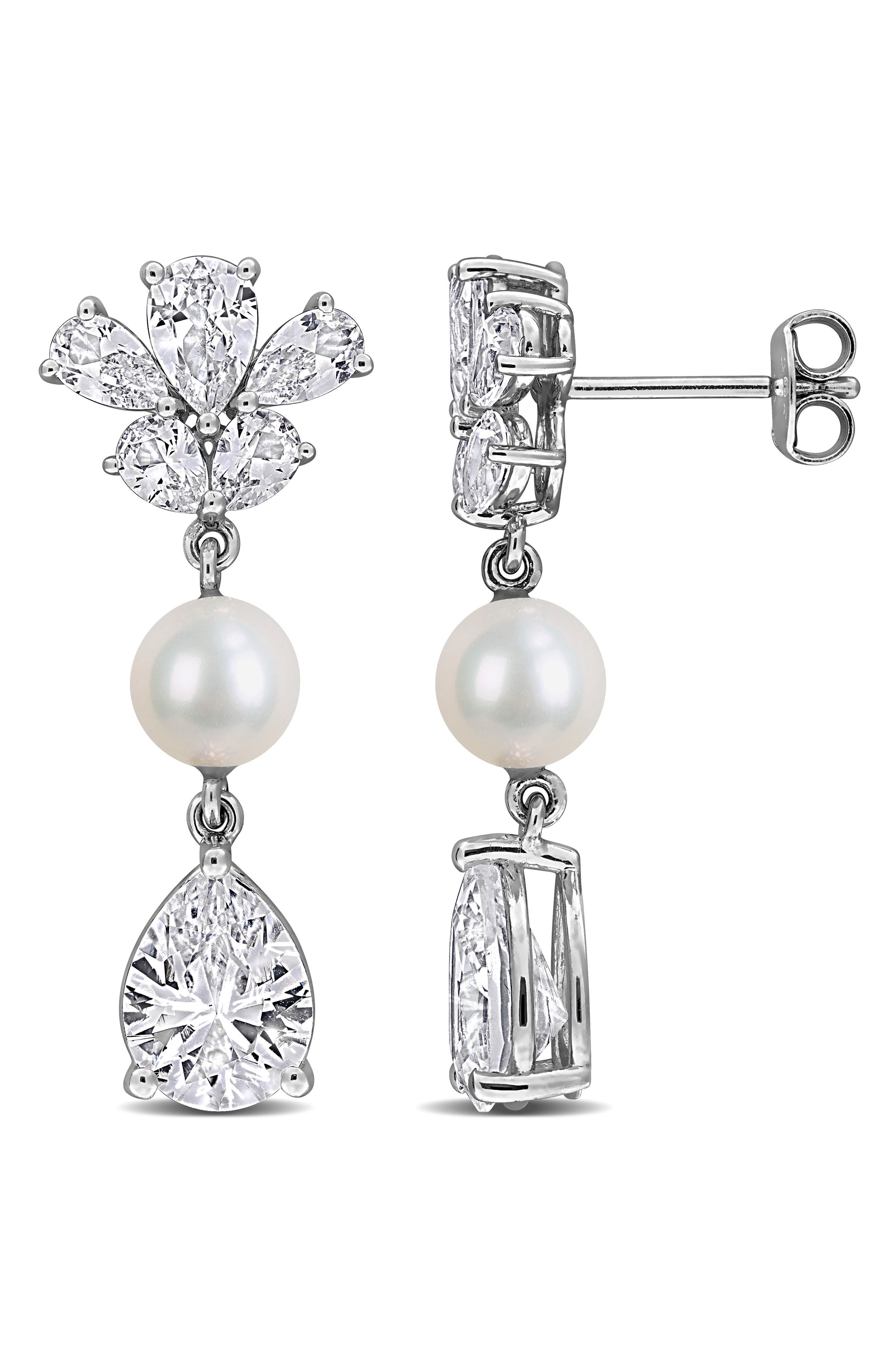 DELMAR 6-6.5mm Cultured Freshwater Pearl & White Sapphire Drop Earrings - 8.92ct.