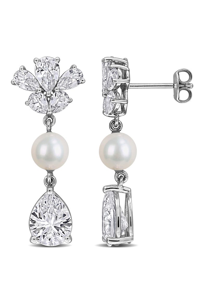 6-6.5mm Cultured Freshwater Pearl & White Sapphire Drop Earrings - 8.92ct., Main, color, WHITE