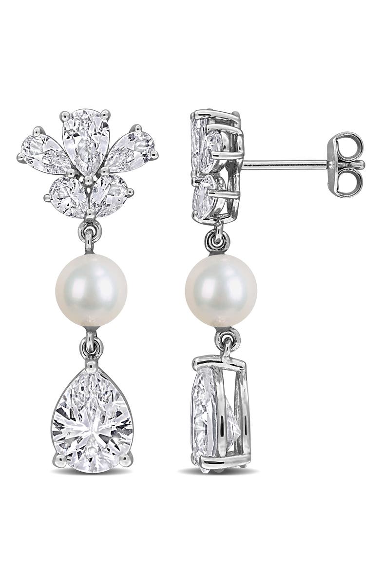 DELMAR 6-6.5mm Cultured Freshwater Pearl & White Sapphire Drop Earrings - 8.92ct., Main, color, White