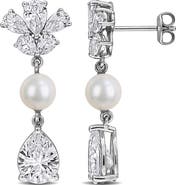 DELMAR 6-6.5mm Cultured Freshwater Pearl & White Sapphire Drop Earrings - 8.92ct.