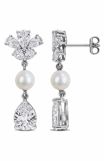 6-6.5mm Cultured Freshwater Pearl & White Sapphire Drop Earrings - 8.92ct.