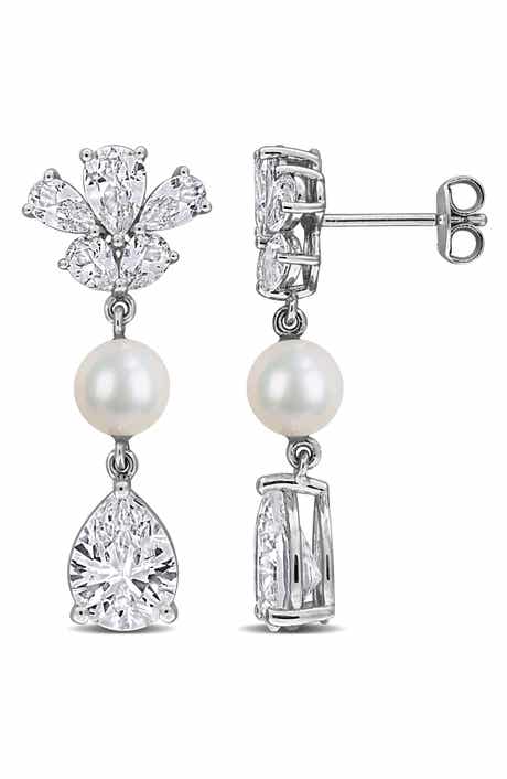 DELMAR 6-6.5mm Cultured Freshwater Pearl & White Sapphire Drop Earrings - 8.92ct.