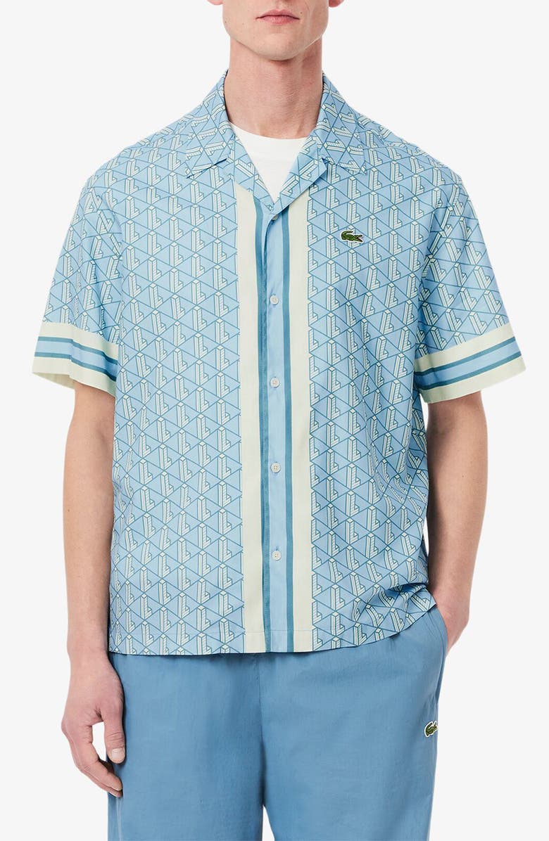 Lacoste Relaxed Fit Monogram Print Cotton Blend Camp Shirt, Main, color, Gil Overview/ Limestone