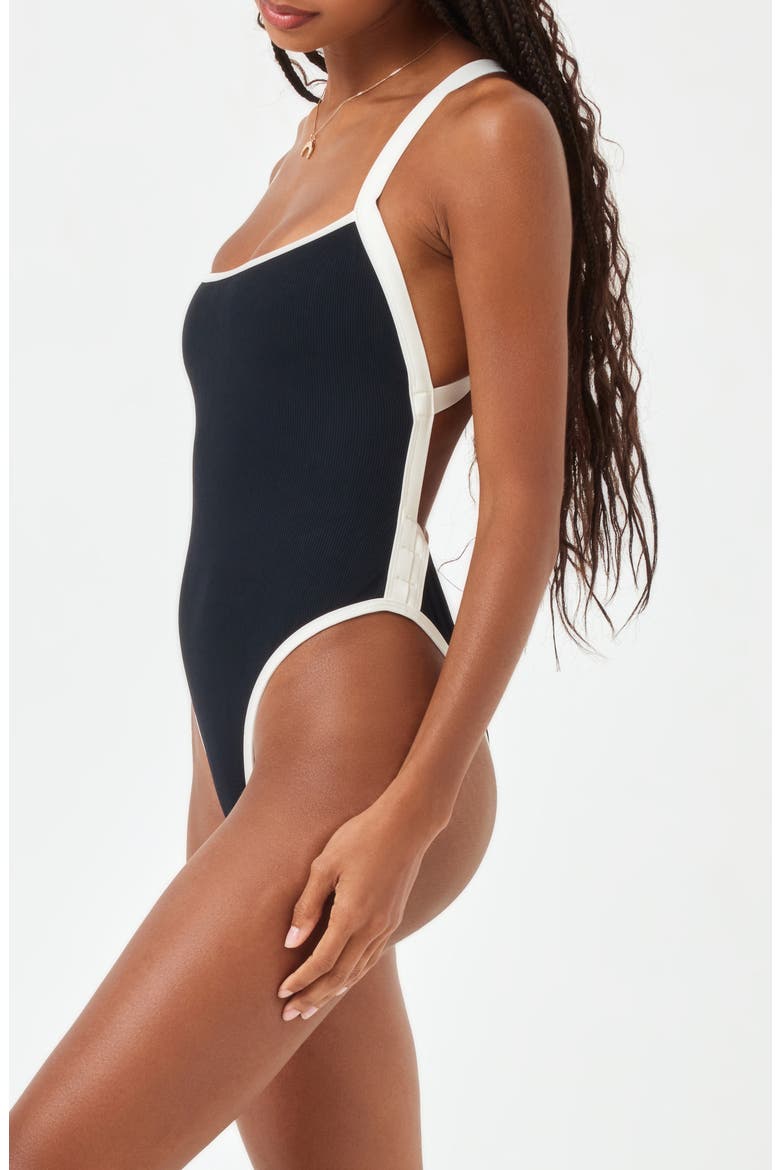 Baewatch Colorblock Trim Ribbed One-Piece Swimsuit, Alternate, color, BLACK/ CREAM