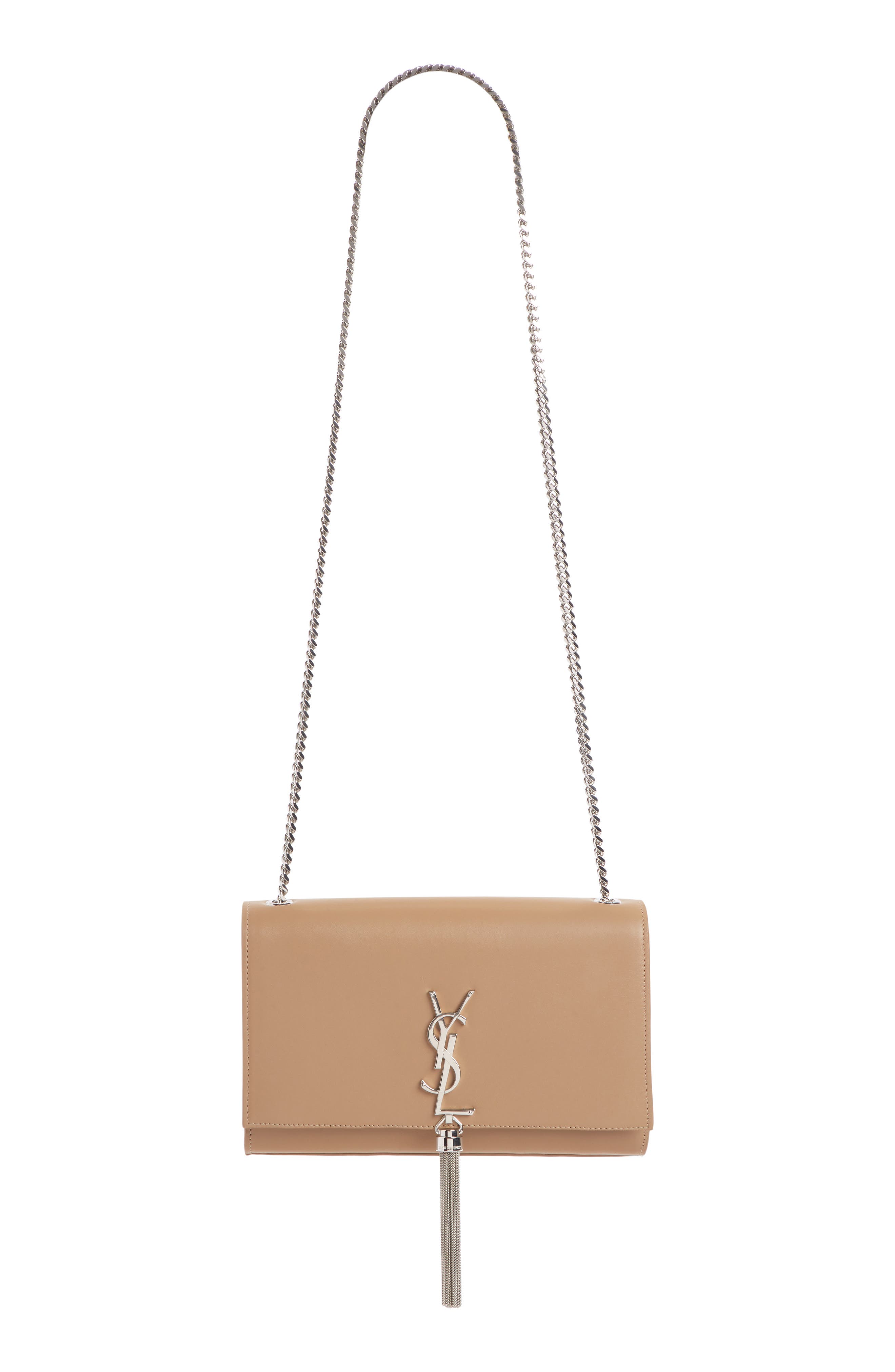 Saint Laurent Medium Kate - Tassel Calfskin Leather Shoulder Bag, Main, color, Taupe Fonce