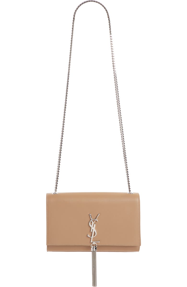 Saint Laurent Medium Kate - Tassel Calfskin Leather Shoulder Bag, Main, color, Taupe Fonce