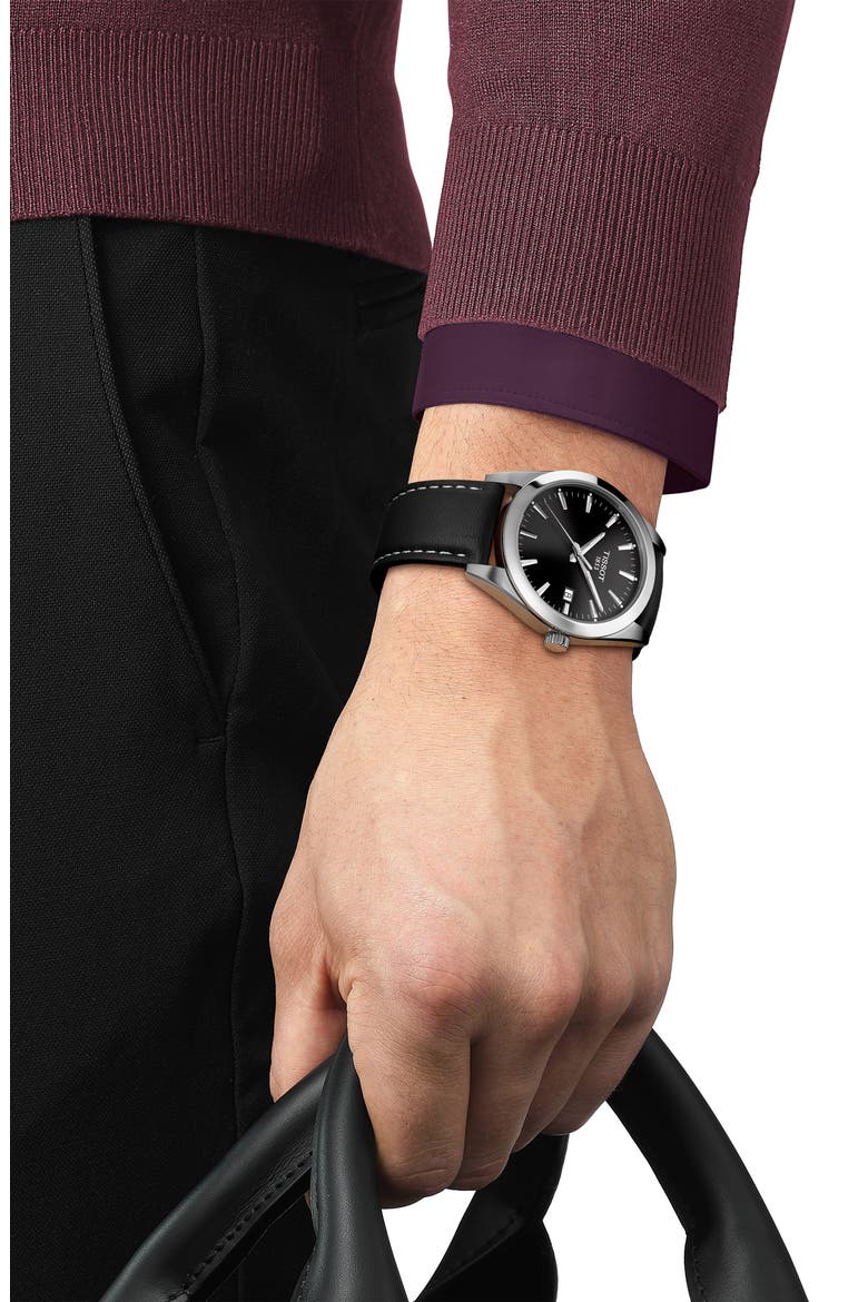 T-Classic Gentleman Leather Strap Watch, 40mm, Alternate, color, BLACK/ SILVER