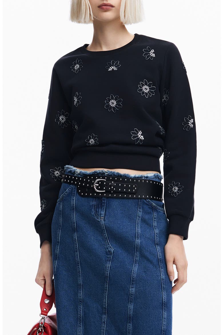 Joya Floral Embellished Sweatshirt, Main, color, BLACK